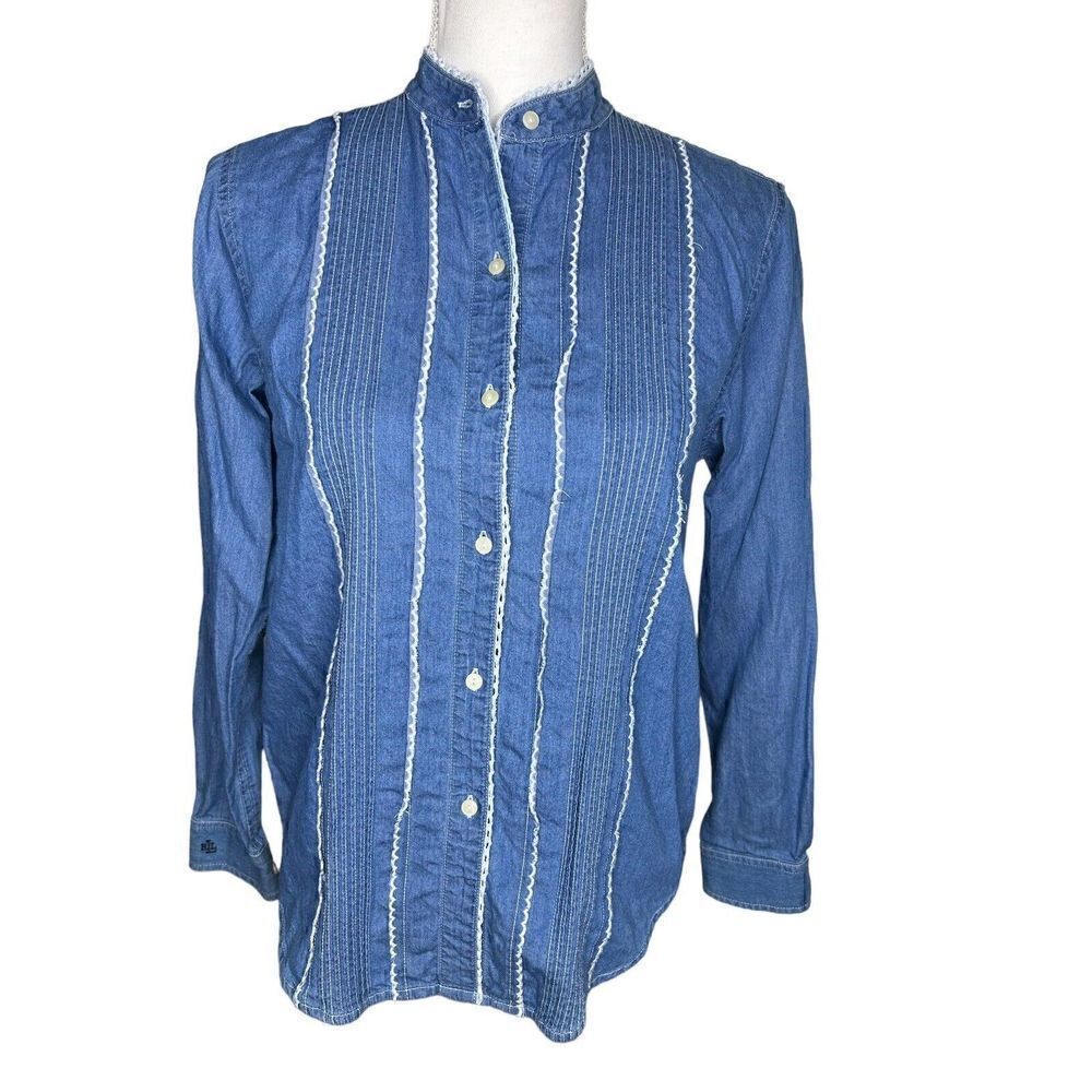 Lauren Ralph Lauren Denim Blue White Stripe Button-Up Shirt Women's Sz 6P